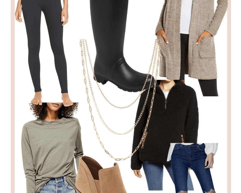 Leggings, hunter boots, barefoot dreams cardigan, long sleeve tee, jeans, brown booties, gold necklace