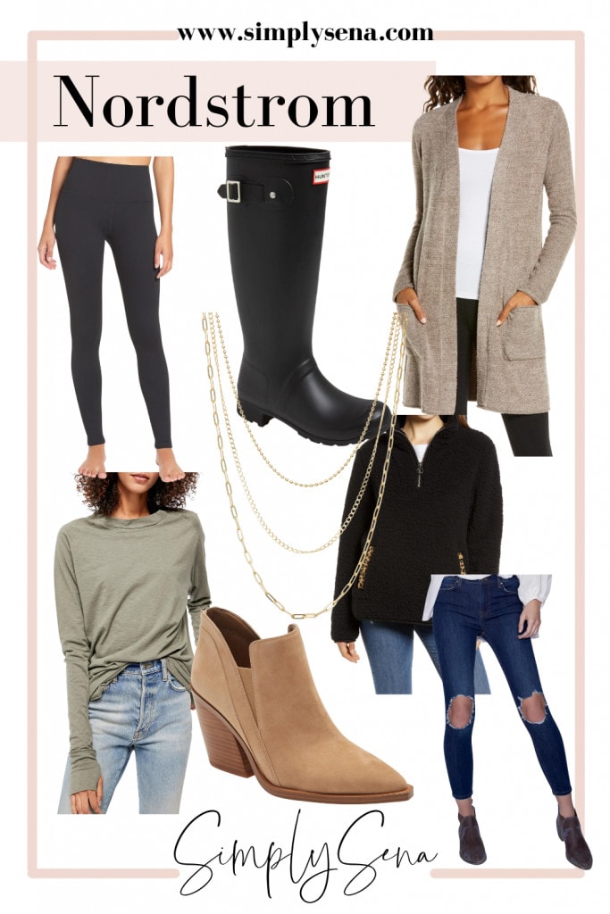 Leggings, hunter boots, barefoot dreams cardigan, long sleeve tee, jeans, brown booties, gold necklace